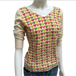 525 100% Cashmere  Rainbow Hearts Women's‎ V-neck Sweather, Sz M Coquette Girl